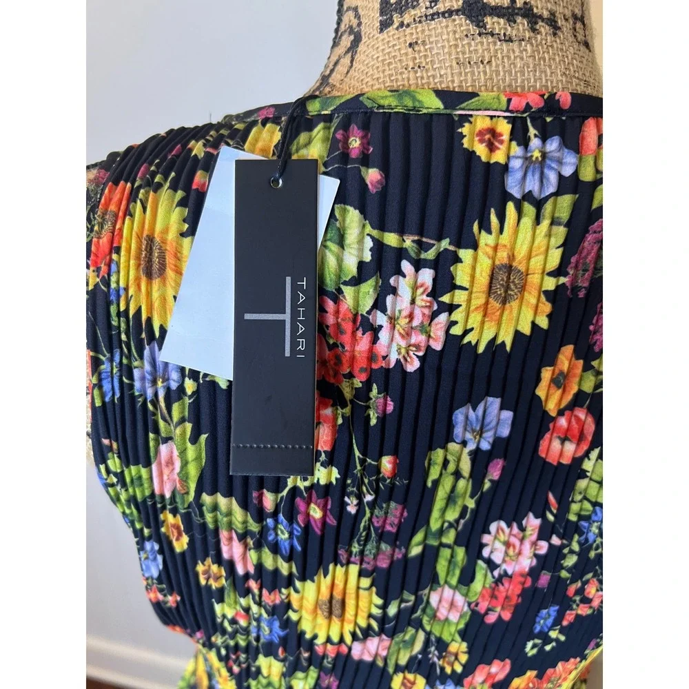 T Tahari sizeS Black Floral Print Pleated Midi Dress Sleeveless V Neck Tie Waist